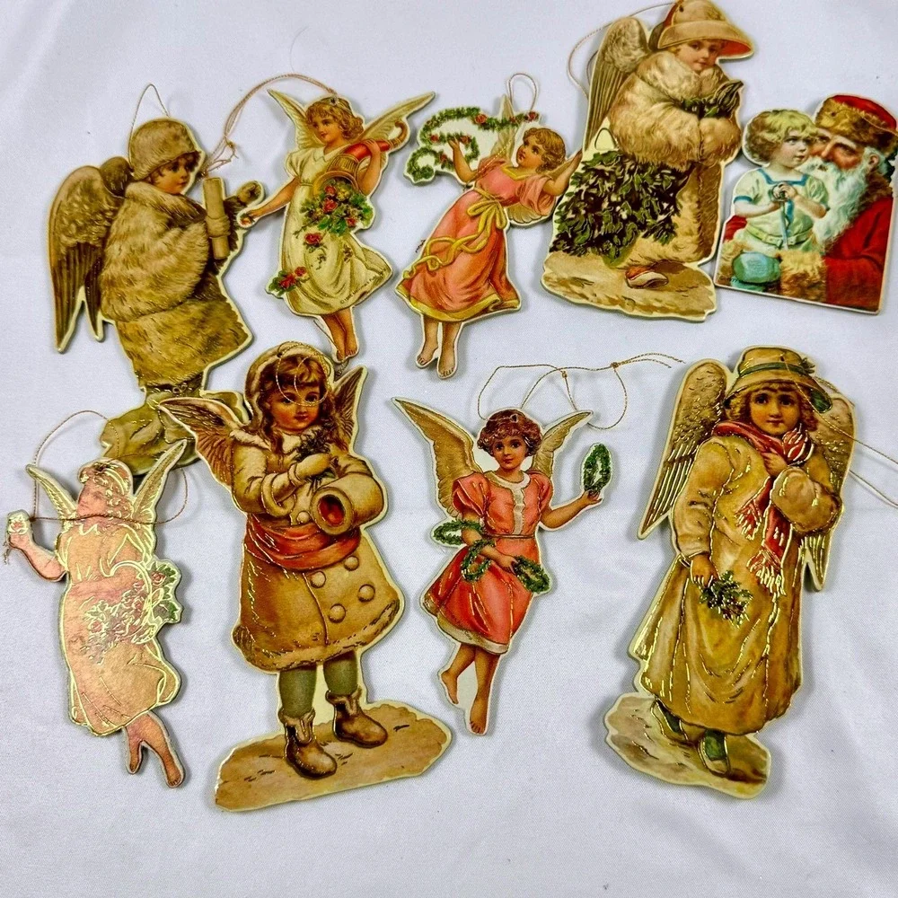 Vintage 70s 80s Merrimack Victorian Style Paper Christmas Ornaments Set 9pc